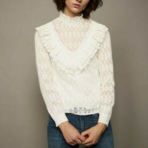 MAJE Limba  Ruffle Crochet Knit High Neck Lace Ruffle Top 🤍